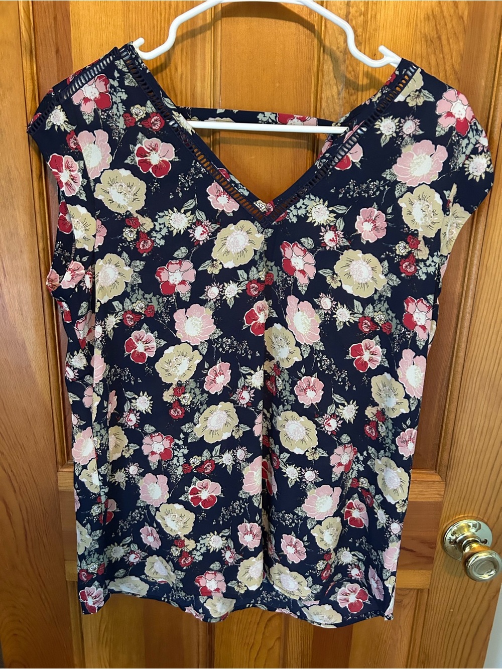 Navy Floral V-Neck Blouse with Pink & Cream Flowers
